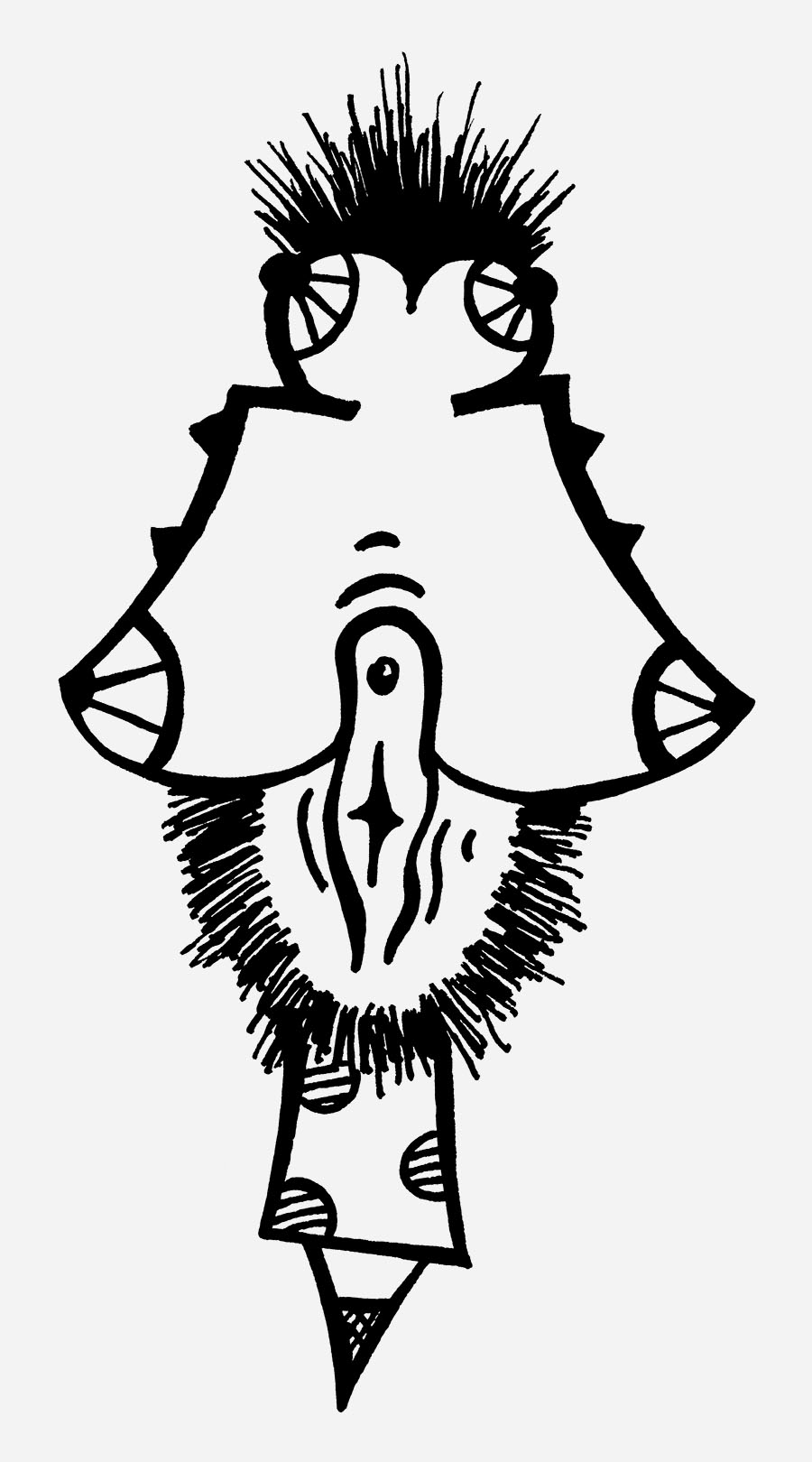 Titarella zeigt eine absurde Illuwillu Figur zwischen Körpersymbolik, Satire und gesellschaftlicher Kritik.