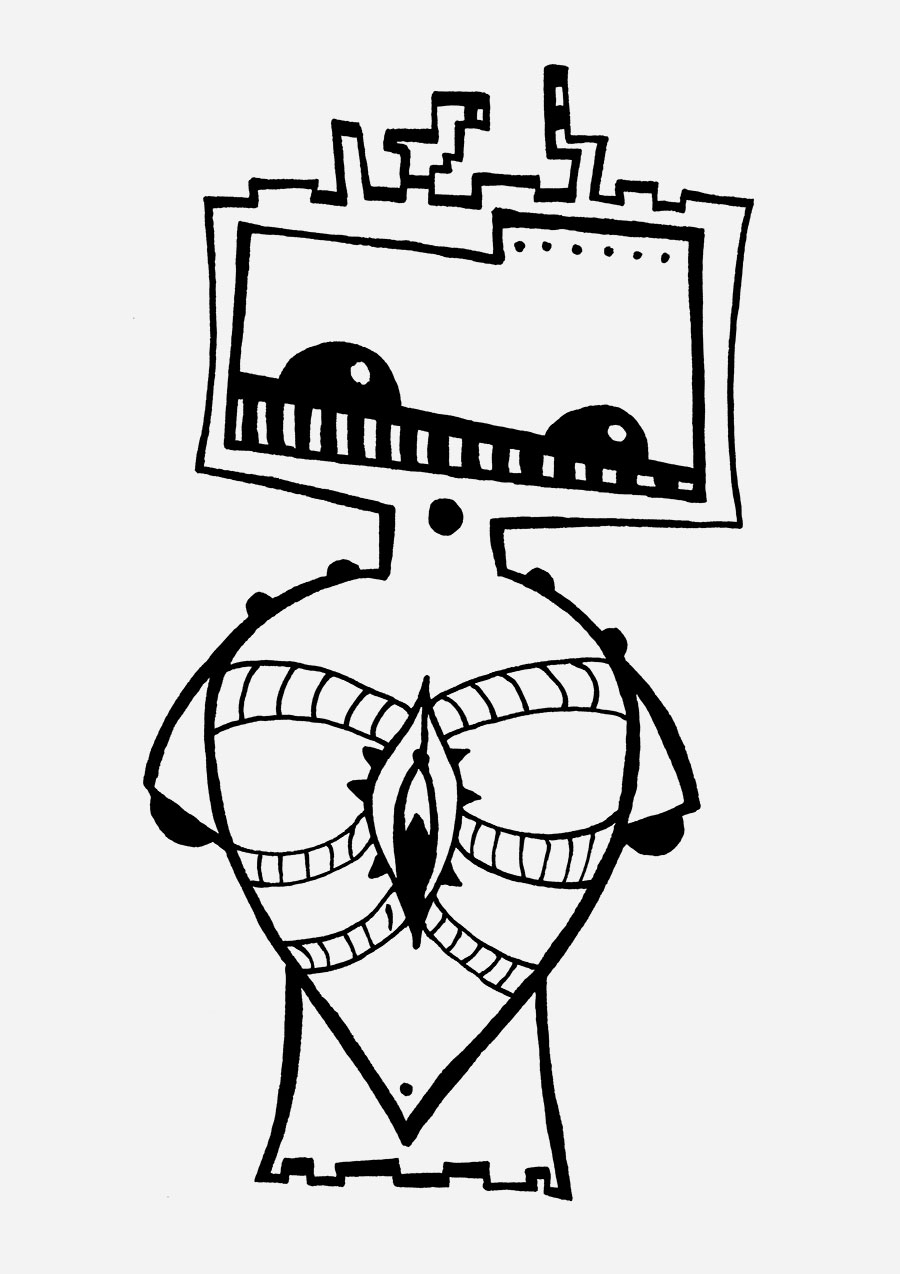 Erika Vulva zeigt eine surreale Illuwillu Figur zwischen Körperlichkeit, Identität und Fantasie.