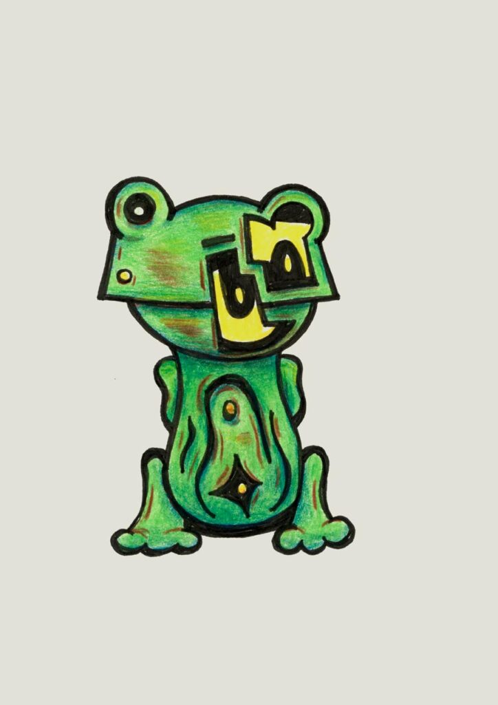 Muschi Frosch verbindet Wortspiel, Naturfantasie und grotesken Illuwillu Humor zu einer schrägen Figur.
