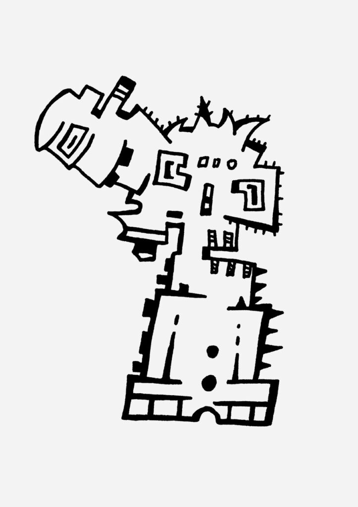 Kopflastig zeigt eine Illuwillu Figur mit zwei Gehirnen, die zwischen Wissenschaft, Kunst und Spiritualität wechselt.