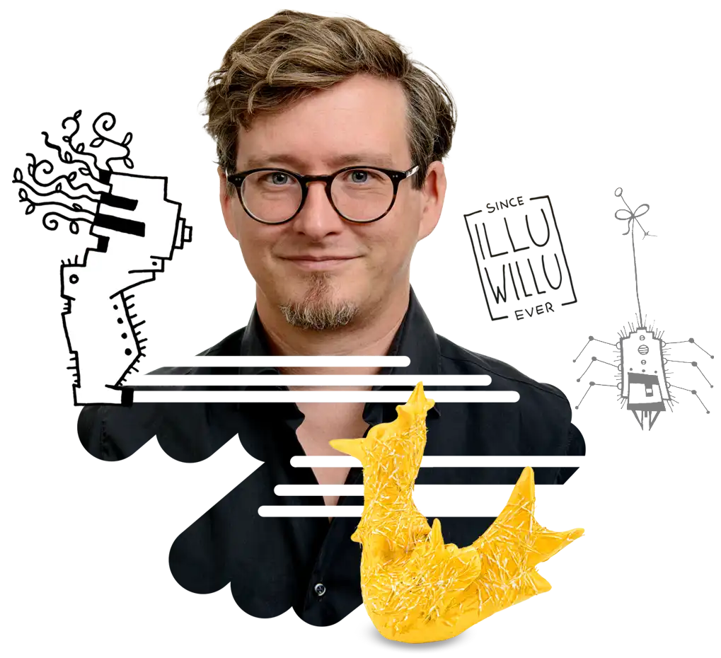 Georg Kippes im Illuversum, umgeben von Zeichnungen und der kleinen Fuck You Chicken Skulptur, Kunst im Wohnraum